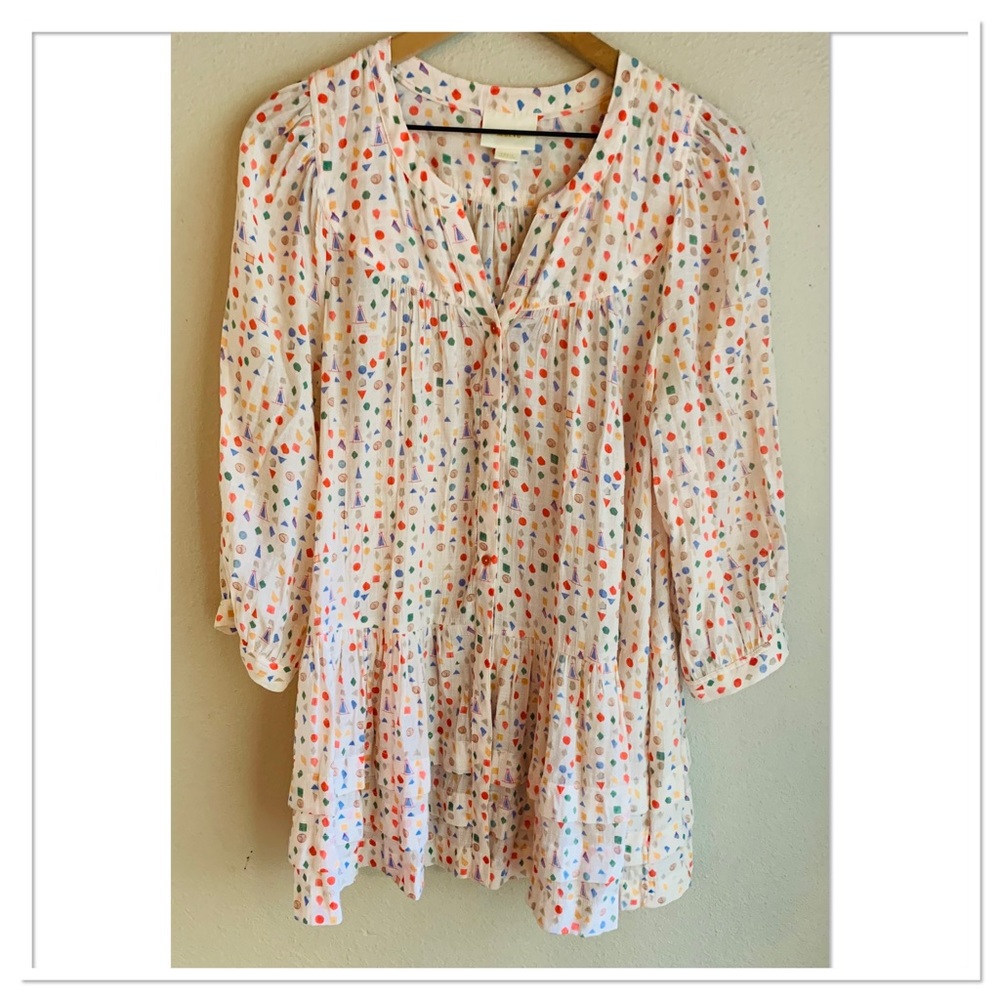 Anthropologie Maeve Paccia Tunic Blouse Top Button Up Front Peach Multicolour S
